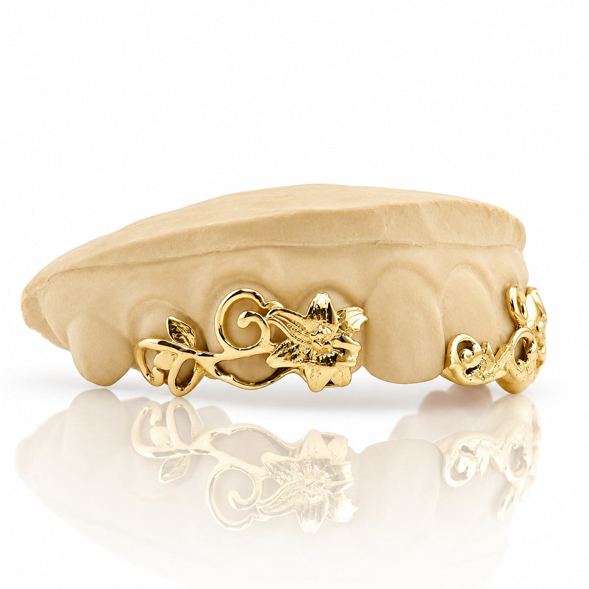 Custom 6pc top grillz with lily flower and vine filigree, yellow gold plated 925 silver - angle 2