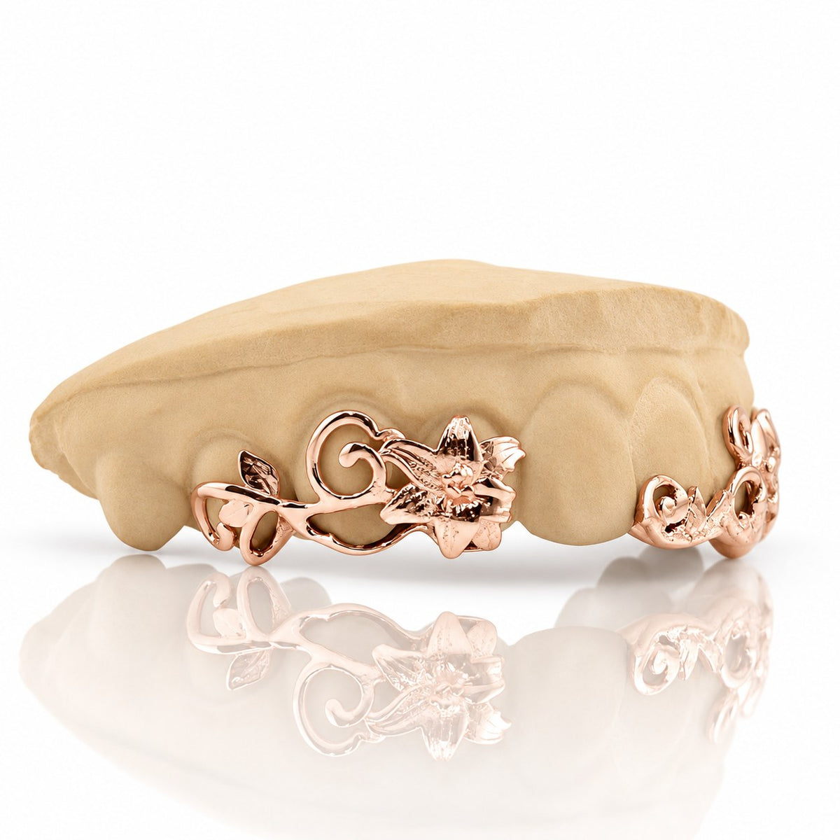 Custom 6pc top grillz with lily flower and vine filigree, rose gold plated 925 silver - angle 2
