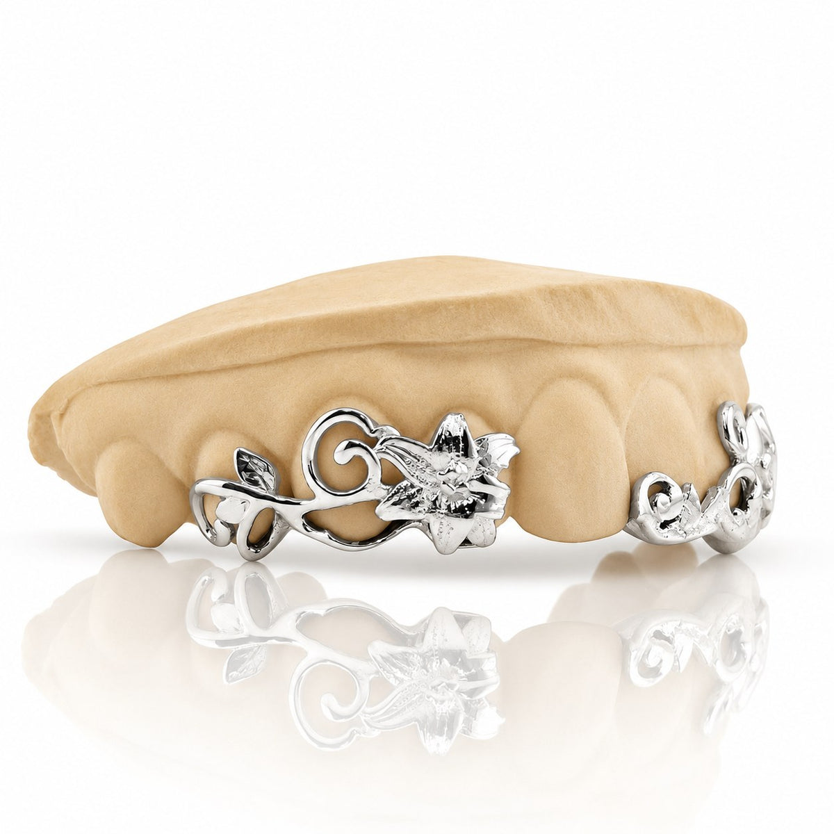 Custom 6pc top grillz with lily flower and vine filigree, white 925 sterling silver - angle 2