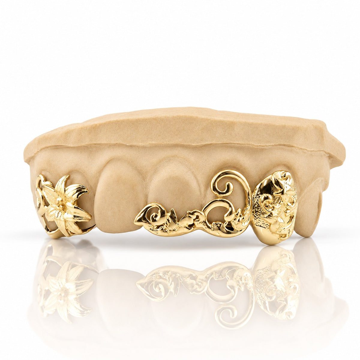 Custom 6pc top grillz with lily flower and vine filigree, yellow gold plated 925 silver - angle 3