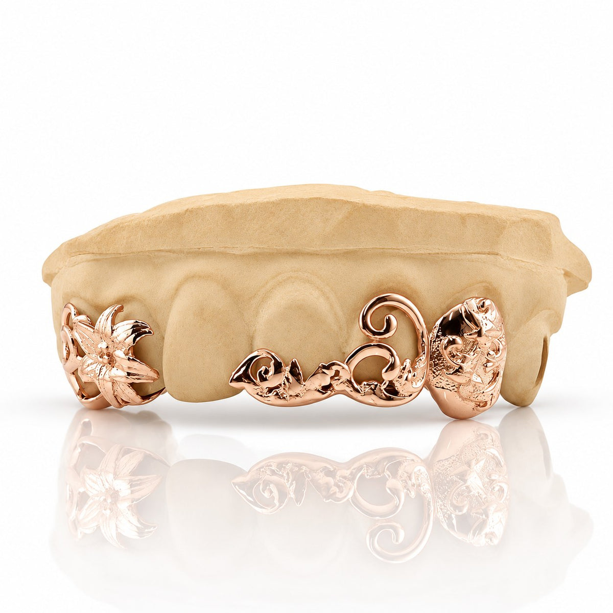 Custom 6pc top grillz with lily flower and vine filigree, rose gold plated 925 silver - angle 3