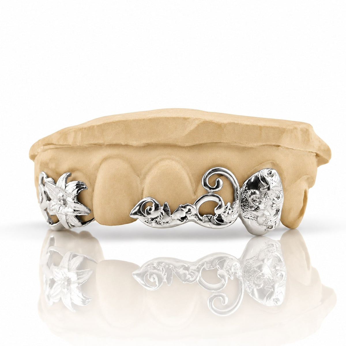 Custom 6pc top grillz with lily flower and vine filigree, white 925 sterling silver - angle 3