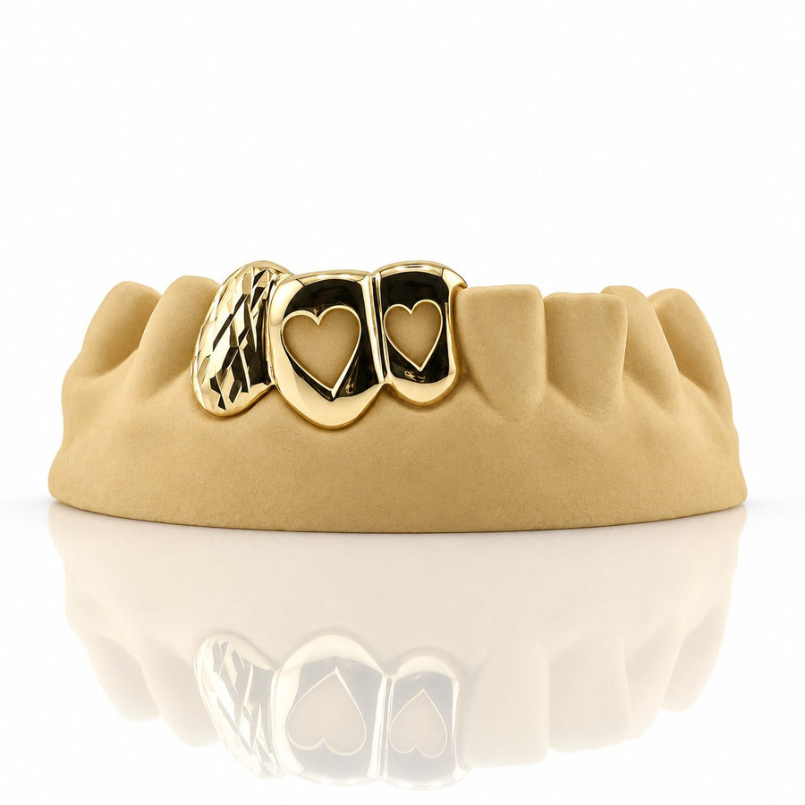 Custom 3pcs Open Hearts x Diamond Cut Grillz: 925 Sterling Silver (Free Mold Kit)