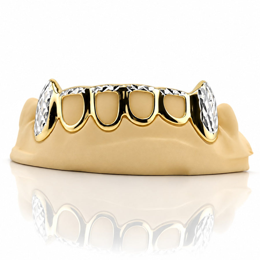 Custom 6pcs Open Face with Diamond Cuts Fangs Grillz: 925 Sterling Silver (Free Mold Kit)