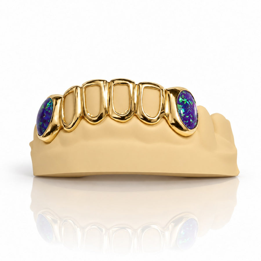 Custom 6pc Open Face with Opals on Fangs Grillz: 925 Sterling Silver (Free Mold Kit)