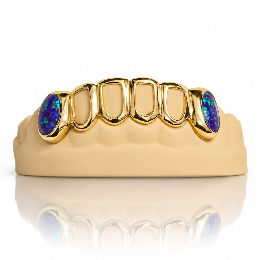 Custom 6pc Open Face with Opals on Fangs Grillz: 925 Sterling Silver (Free Mold Kit)
