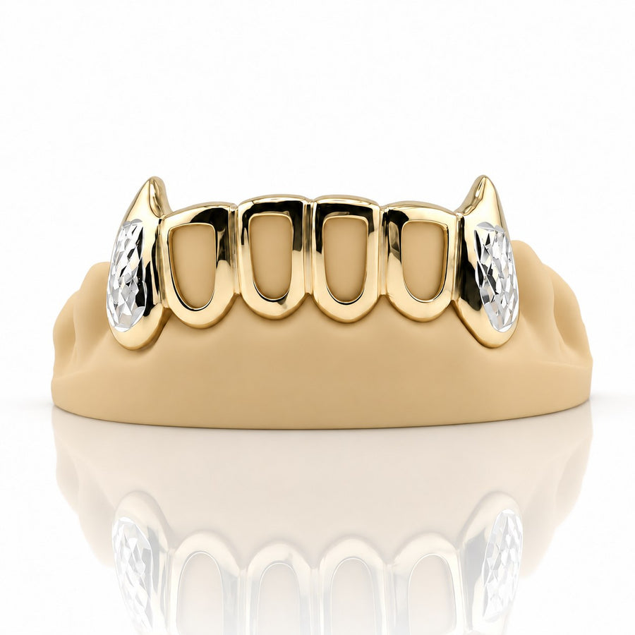 Custom 6pcs Open Face with Cuts and Extended Fangs Grillz: 925 Sterling Silver (Free Mold Kit)