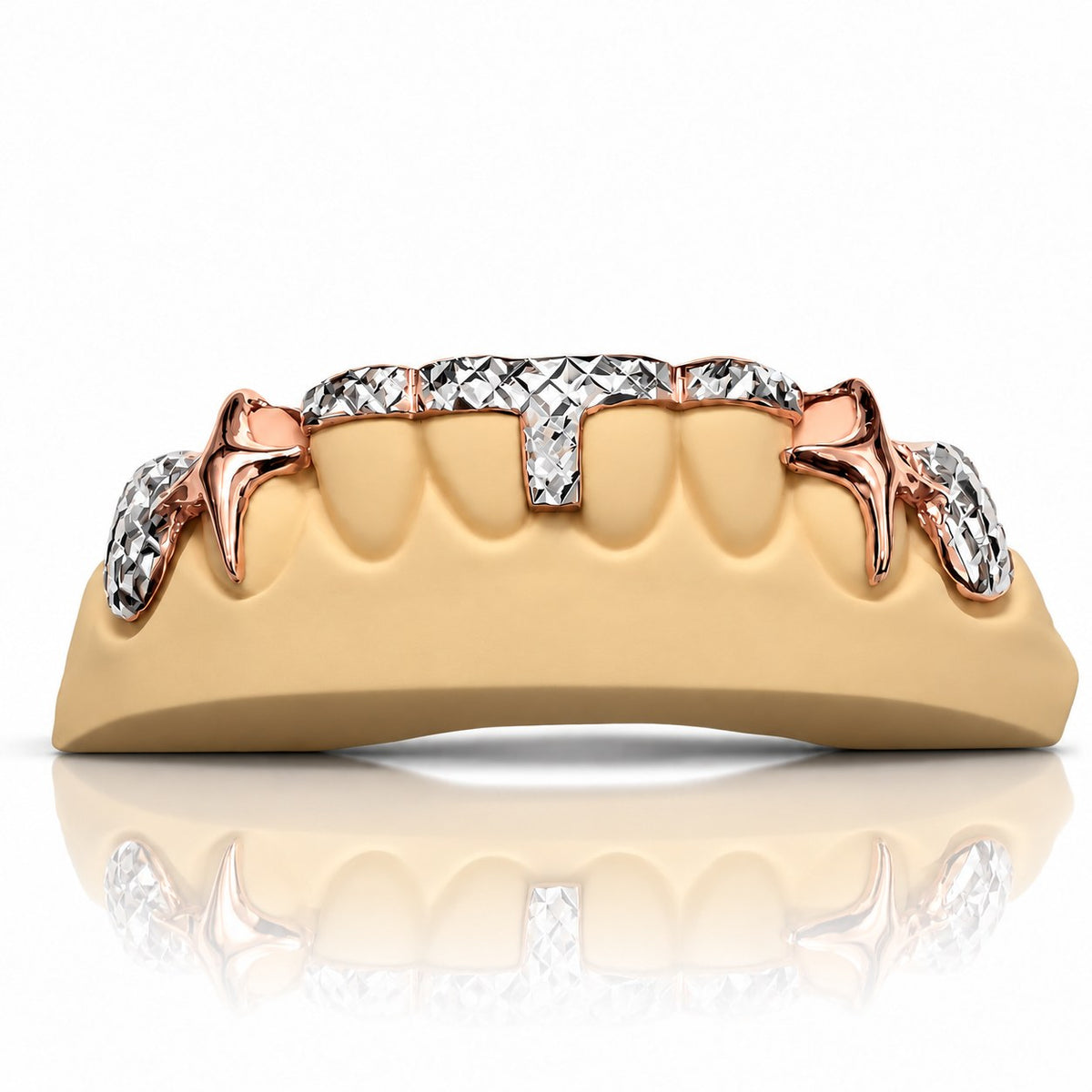 Custom bottom grillz with two tone diamond cut T-bar and fang caps, rose gold plated 925 silver - angle 1