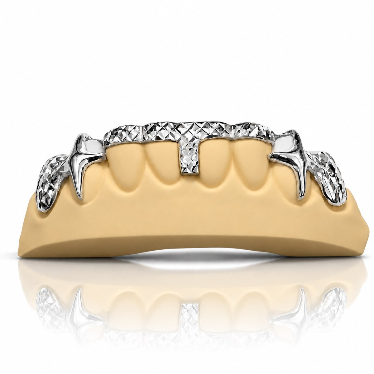 Custom bottom grillz with two tone diamond cut T-bar and fang caps, white 925 sterling silver - angle 1