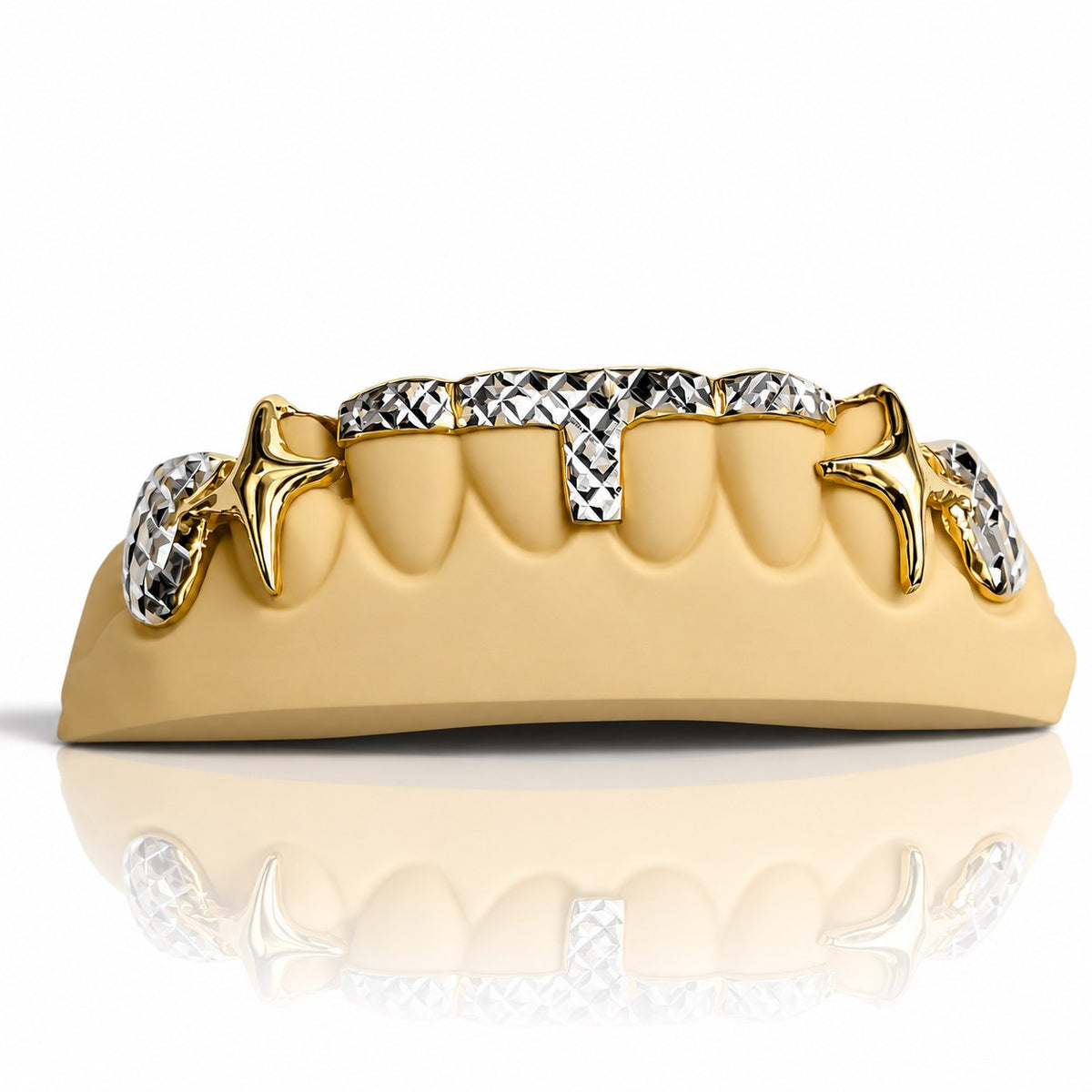 Custom bottom grillz with two tone diamond cut T-bar and fang caps, yellow gold plated 925 silver - angle 2