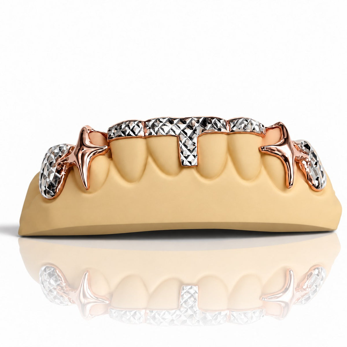 Custom bottom grillz with two tone diamond cut T-bar and fang caps, rose gold plated 925 silver - angle 2