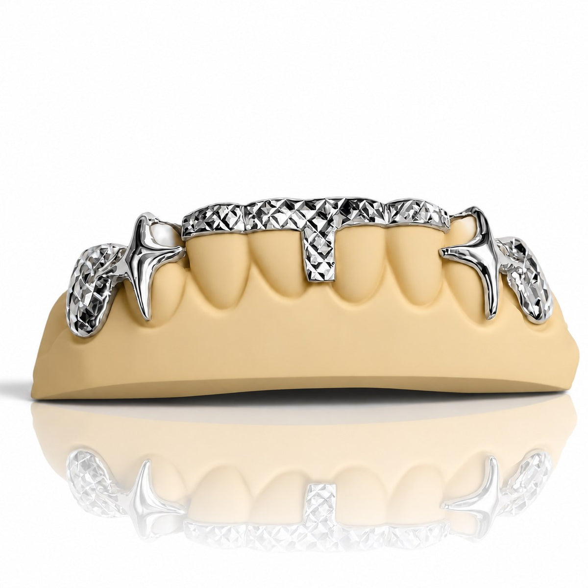 Custom bottom grillz with two tone diamond cut T-bar and fang caps, white 925 sterling silver - angle 2