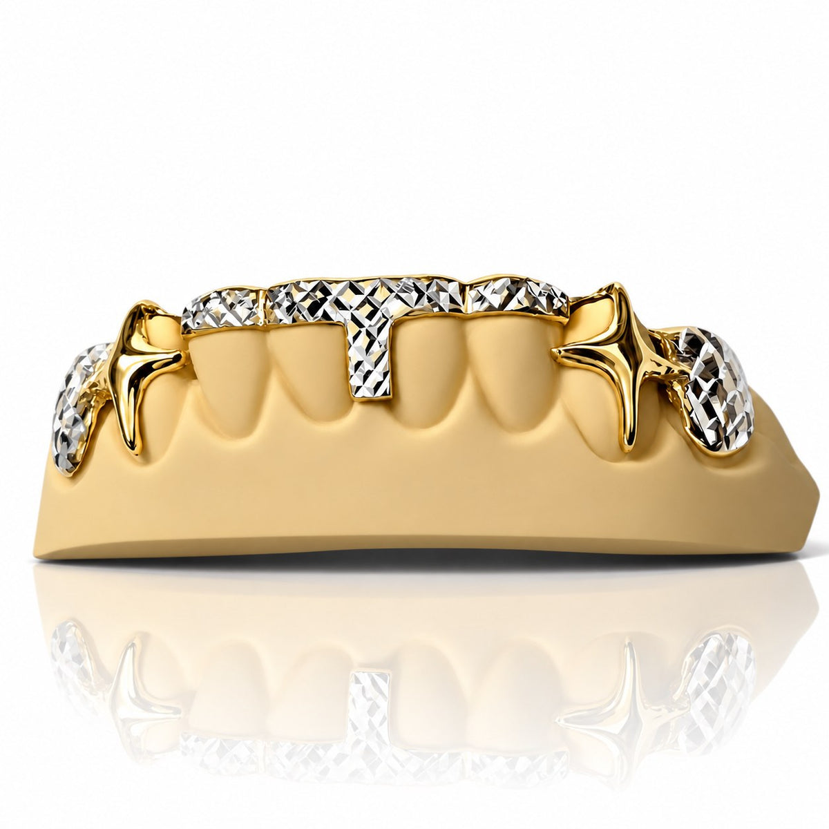 Custom bottom grillz with two tone diamond cut T-bar and fang caps, yellow gold plated 925 silver - angle 3