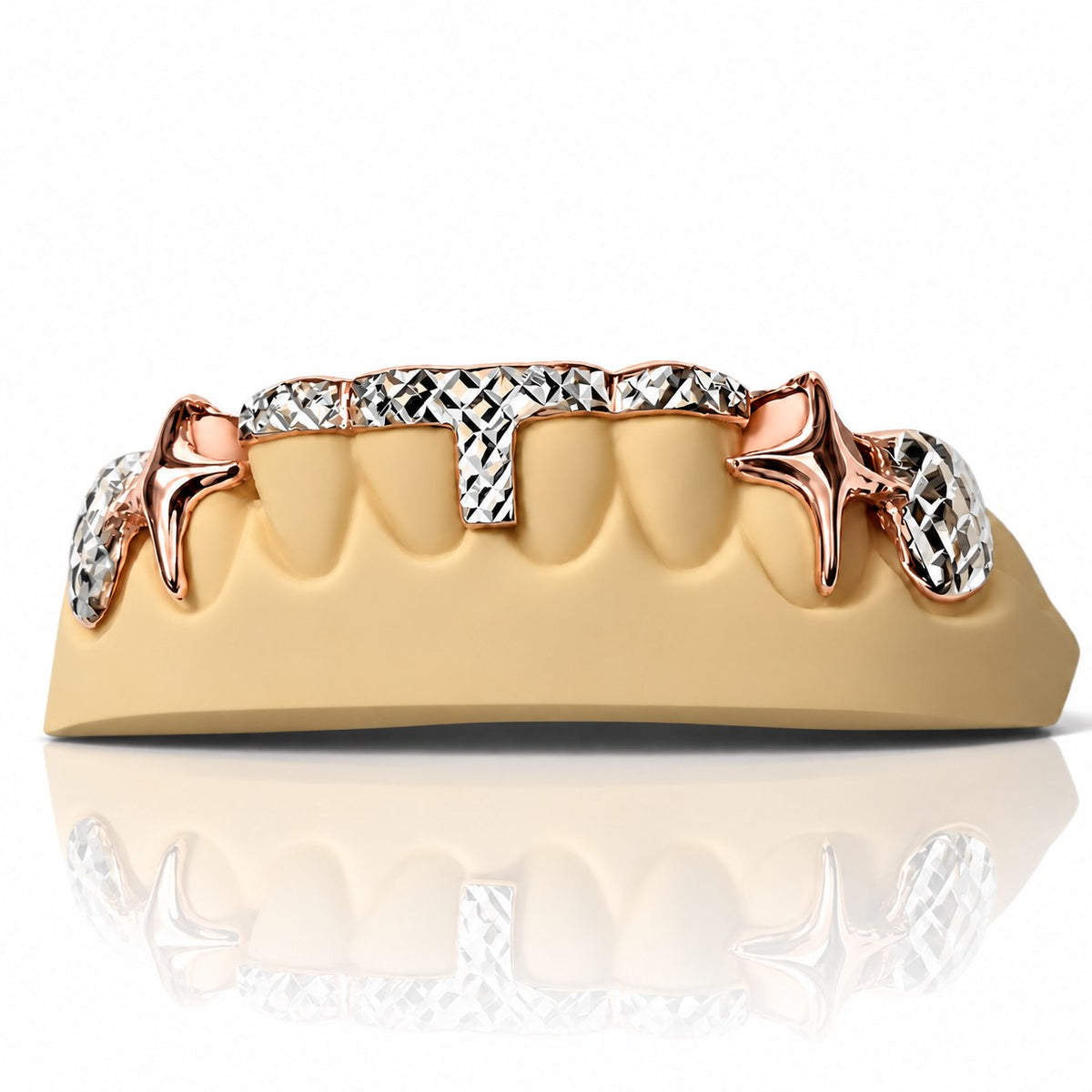 Custom bottom grillz with two tone diamond cut T-bar and fang caps, rose gold plated 925 silver - angle 3