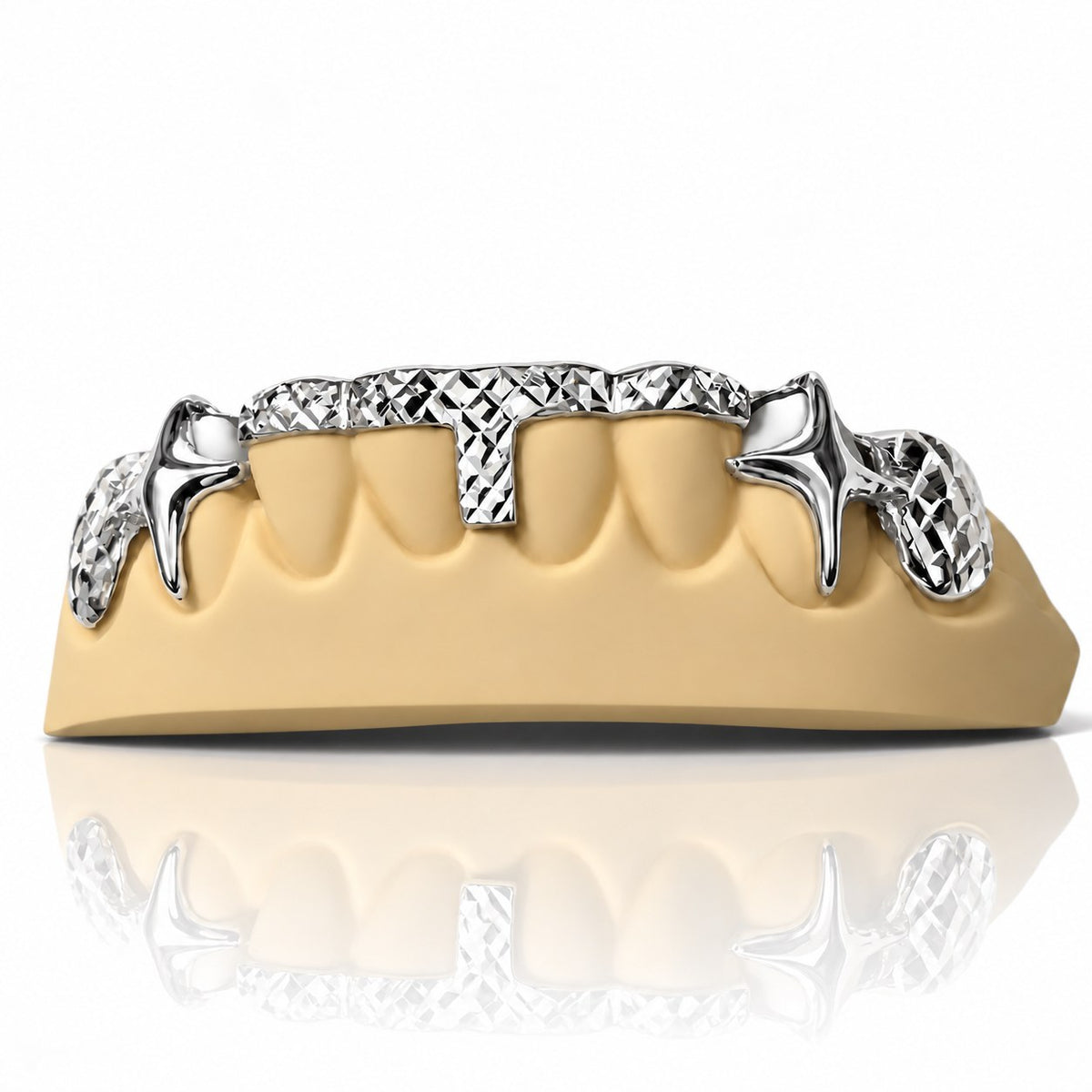 Custom bottom grillz with two tone diamond cut T-bar and fang caps, white 925 sterling silver - angle 3