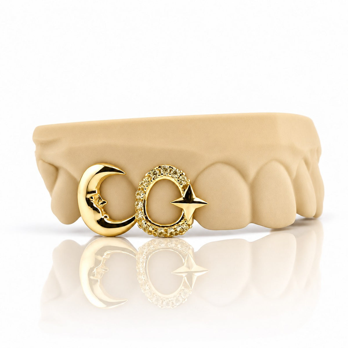 Custom 2pc top grillz with crescent moon and pave open star, yellow gold plated 925 silver - angle 1