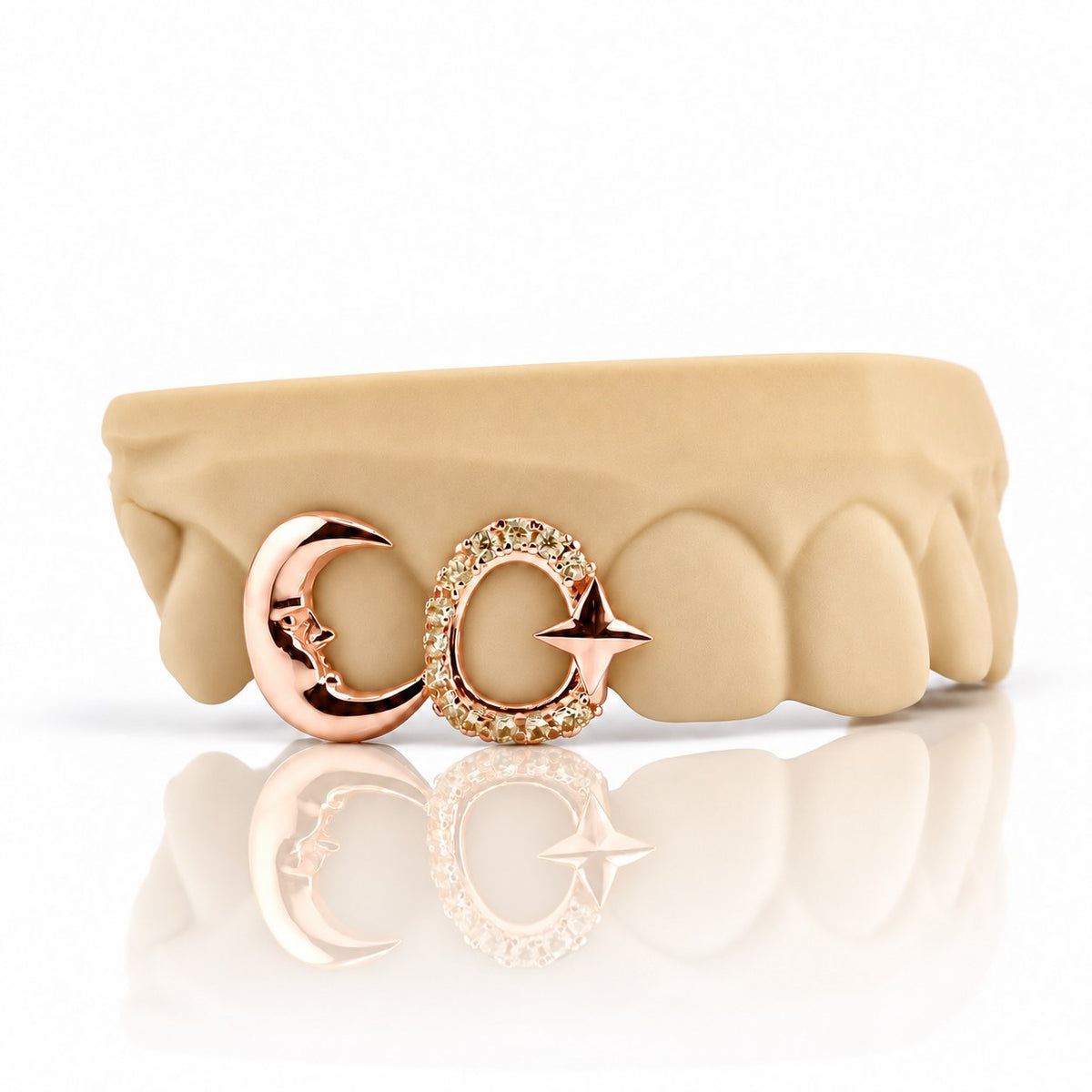 Custom 2pc top grillz with crescent moon and pave open star, rose gold plated 925 silver - angle 1