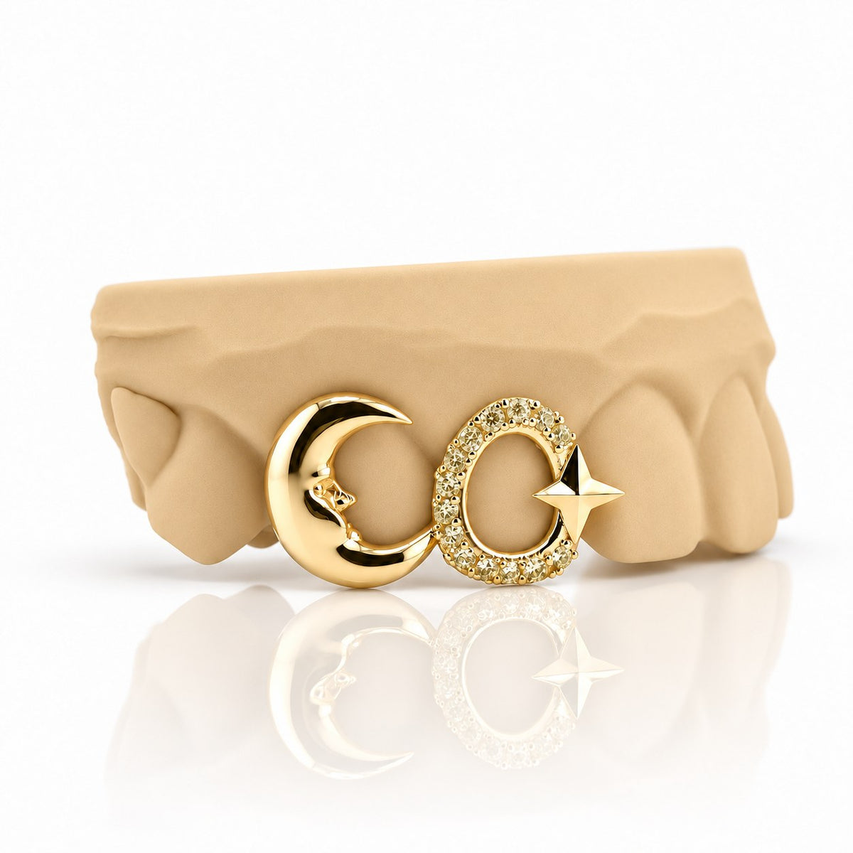 Custom 2pc top grillz with crescent moon and pave open star, yellow gold plated 925 silver - angle 2