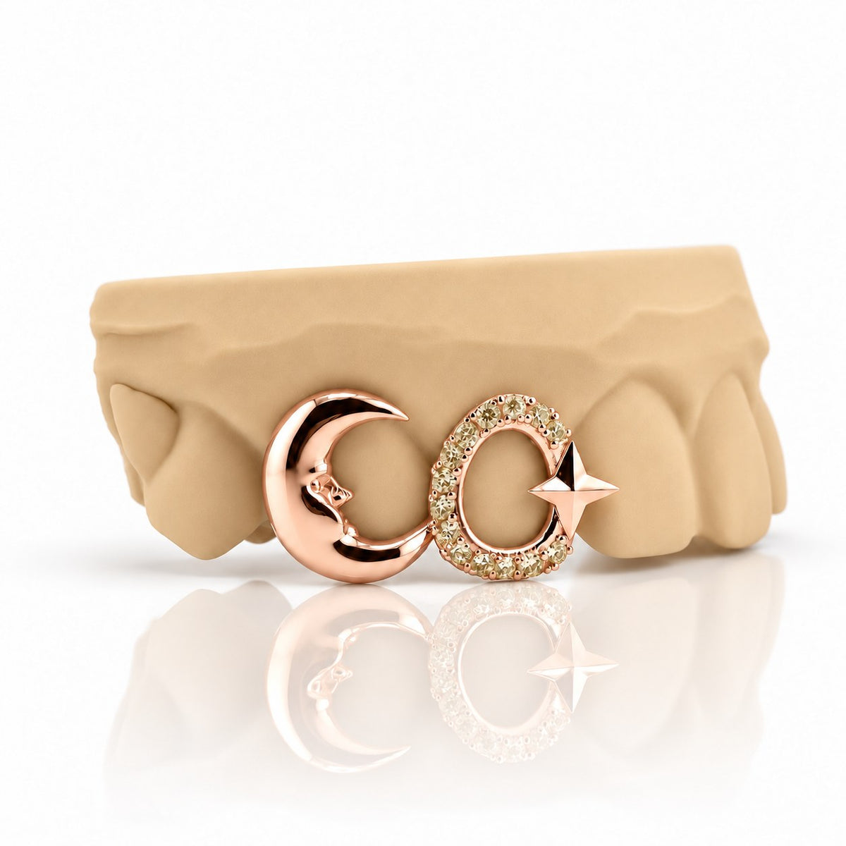 Custom 2pc top grillz with crescent moon and pave open star, rose gold plated 925 silver - angle 2