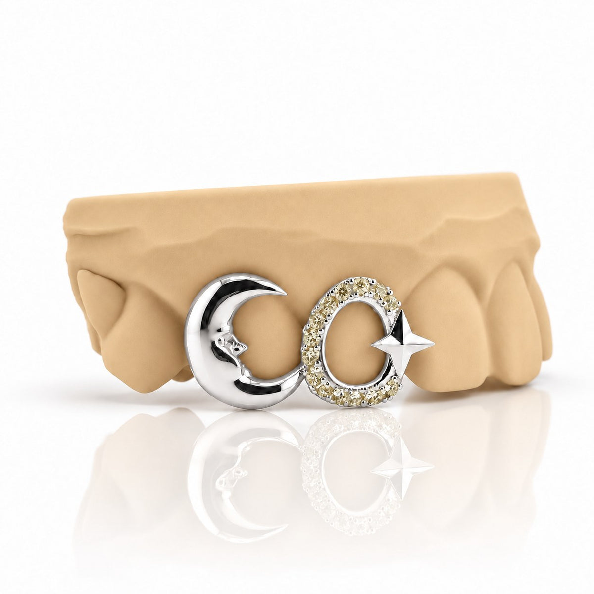 Custom 2pc top grillz with crescent moon and pave open star, white 925 sterling silver - angle 2