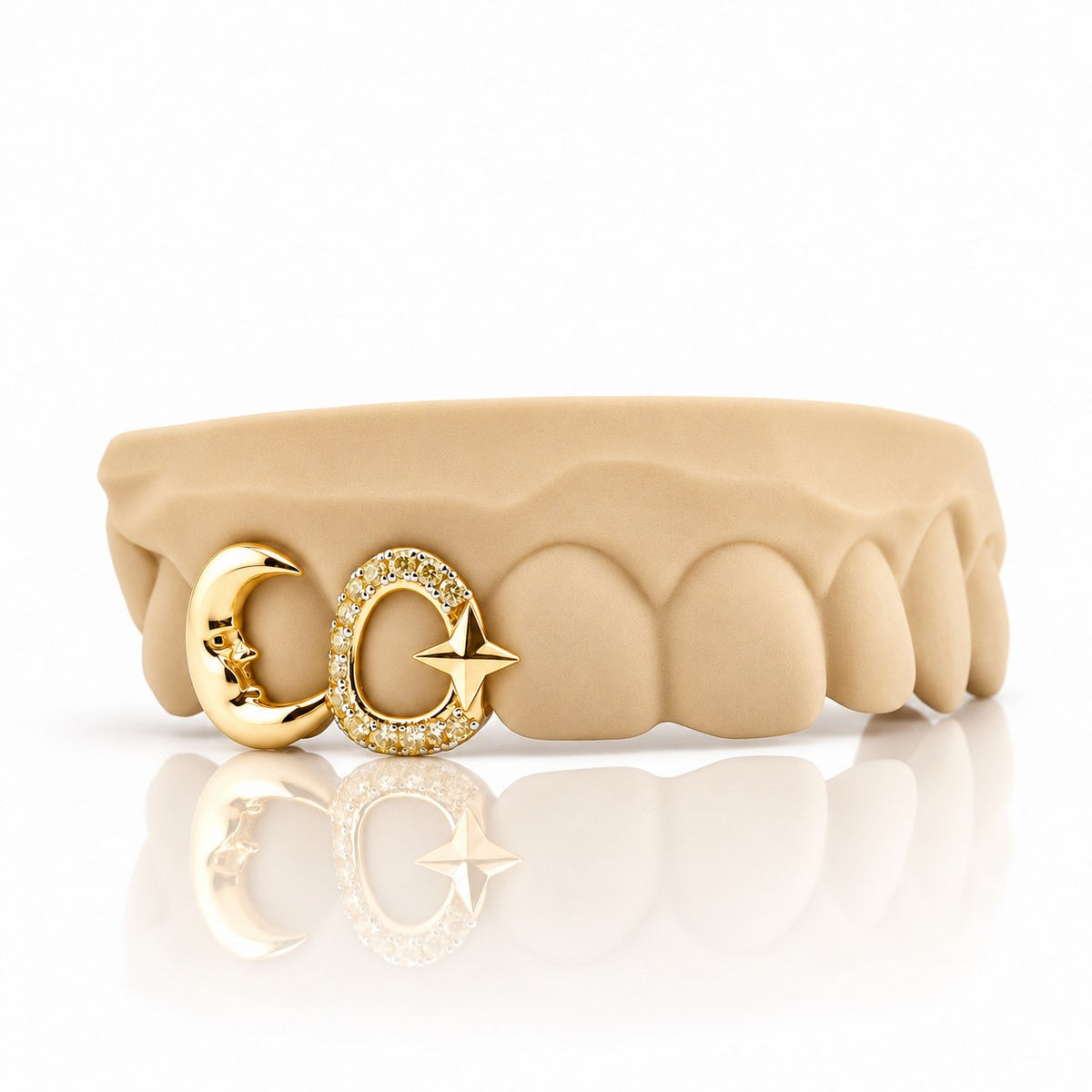 Custom 2pc top grillz with crescent moon and pave open star, yellow gold plated 925 silver - angle 3