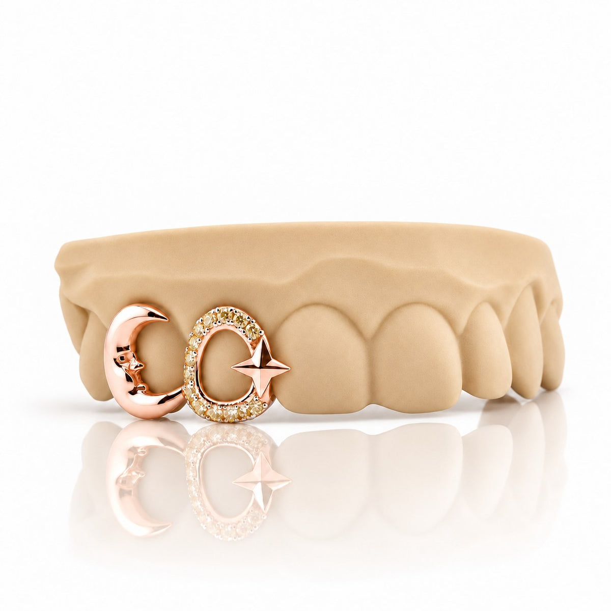 Custom 2pc top grillz with crescent moon and pave open star, rose gold plated 925 silver - angle 3