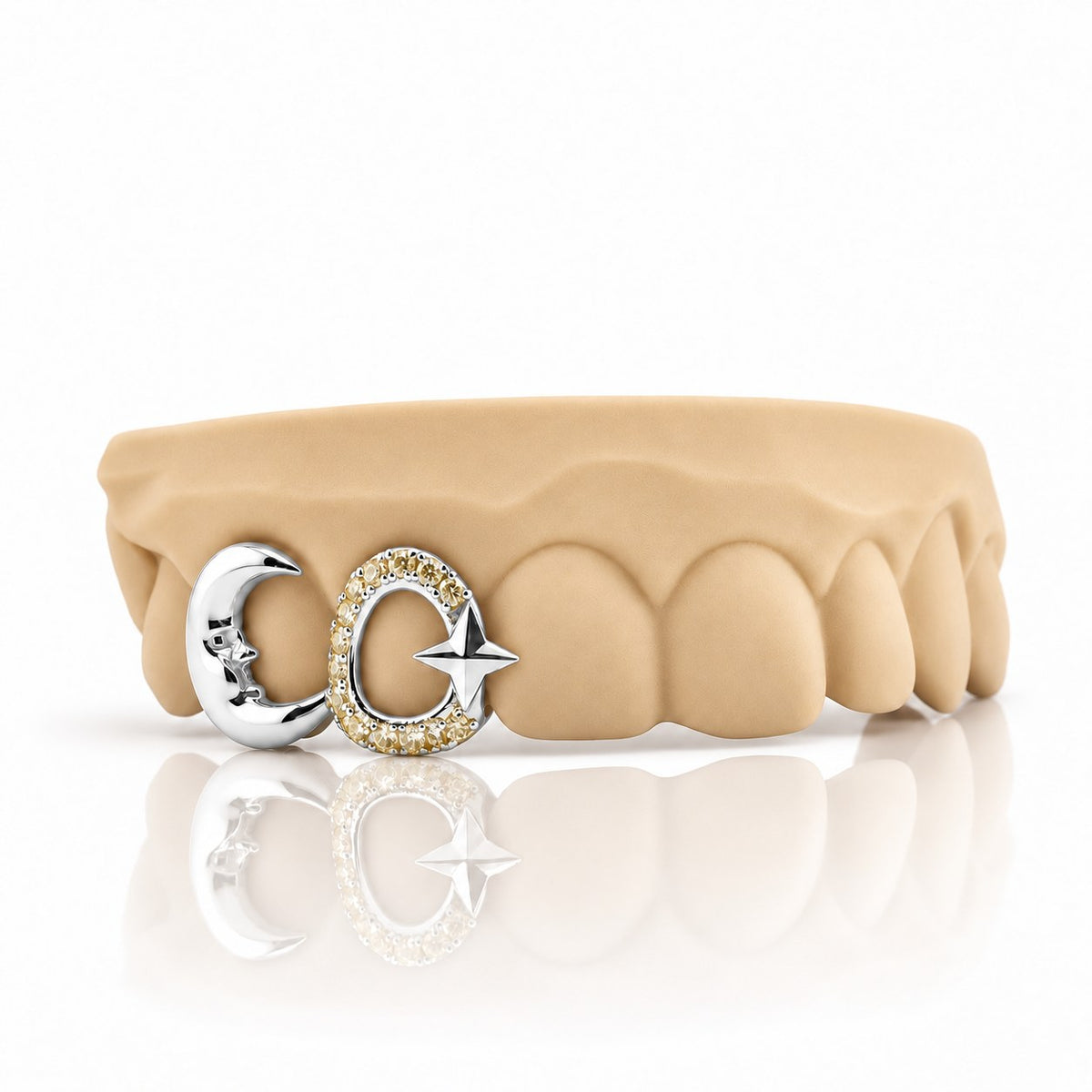 Custom 2pc top grillz with crescent moon and pave open star, white 925 sterling silver - angle 3