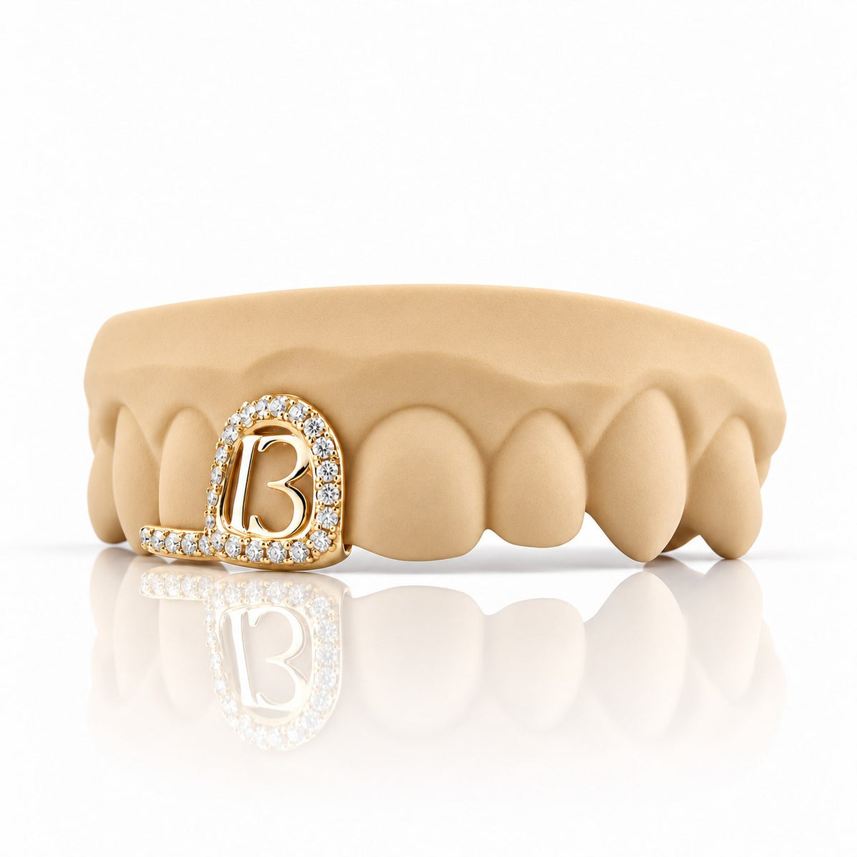 Custom 2pc top grillz with pave open face, number 13 and pave bar, yellow gold plated 925 silver - angle 1