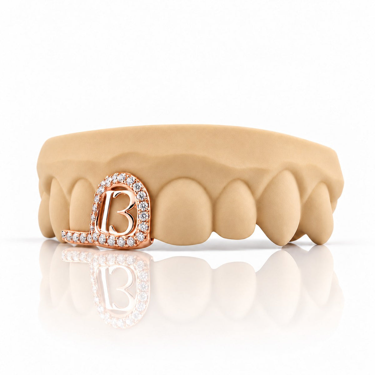 Custom 2pc top grillz with pave open face, number 13 and pave bar, rose gold plated 925 silver - angle 1