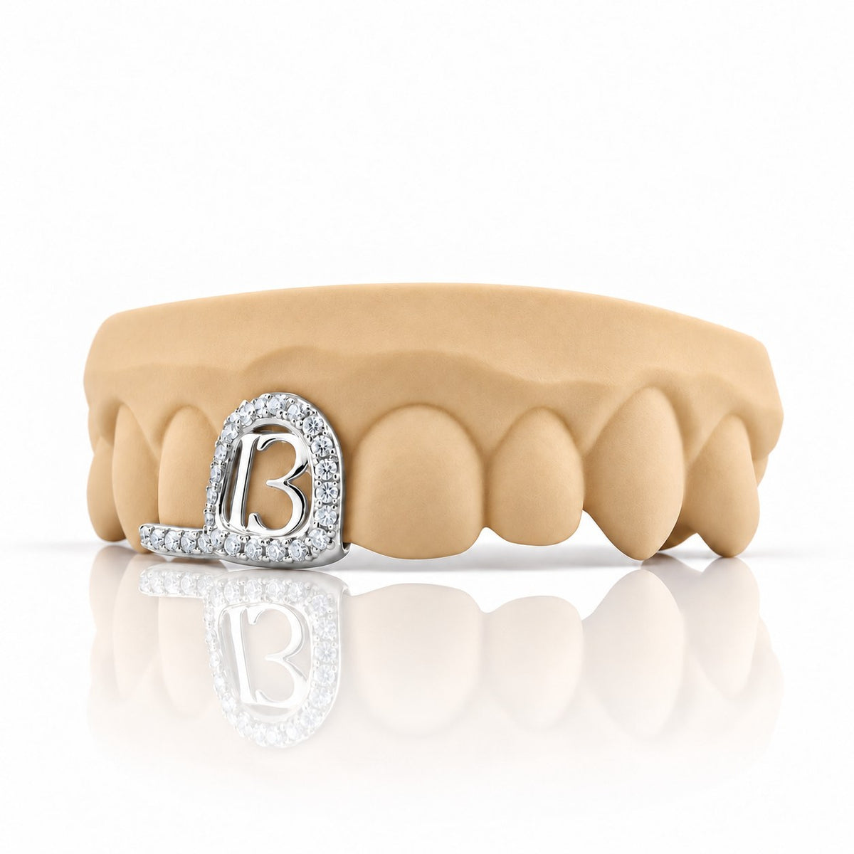 Custom 2pc top grillz with pave open face, number 13 and pave bar, white 925 sterling silver - angle 1