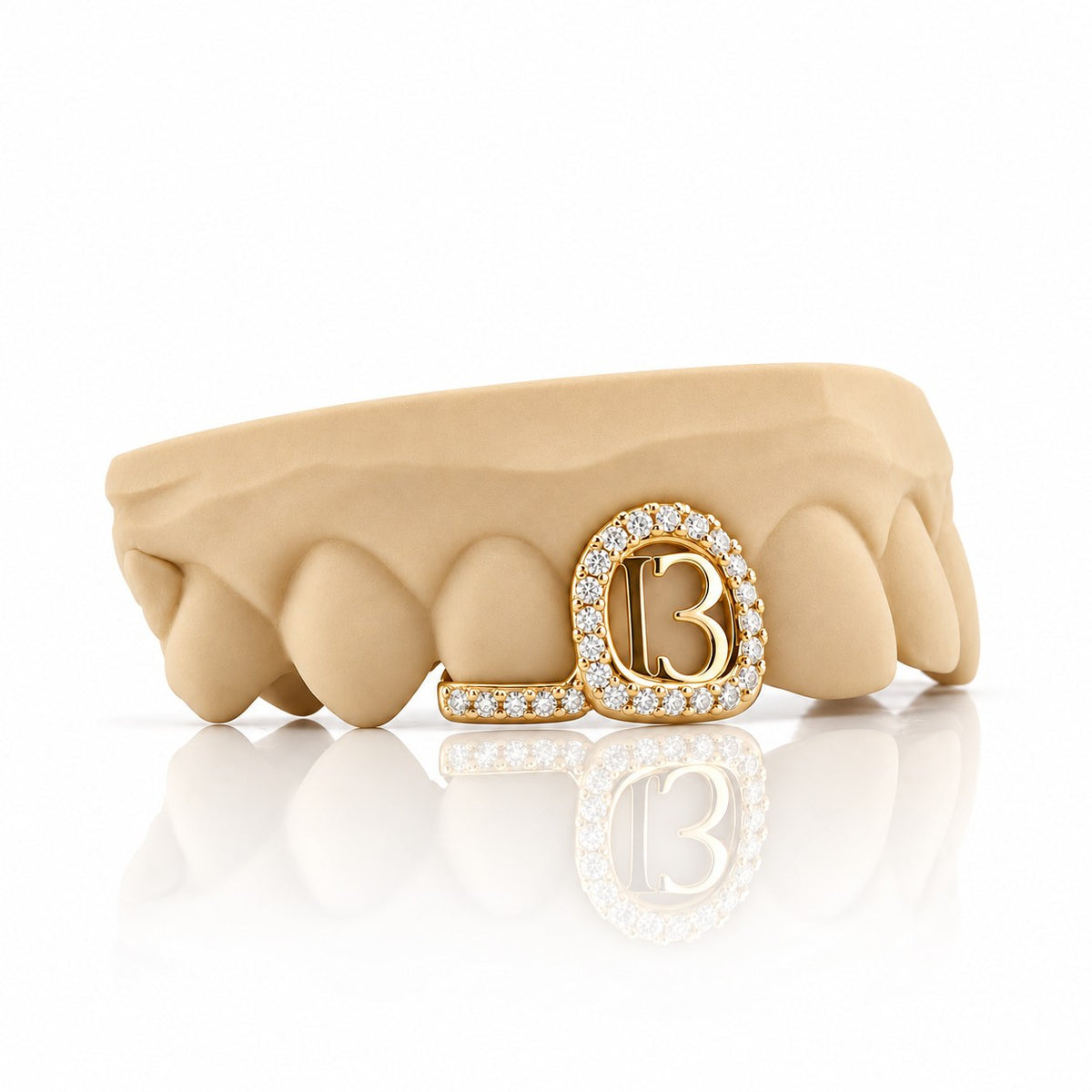Custom 2pc top grillz with pave open face, number 13 and pave bar, yellow gold plated 925 silver - angle 2