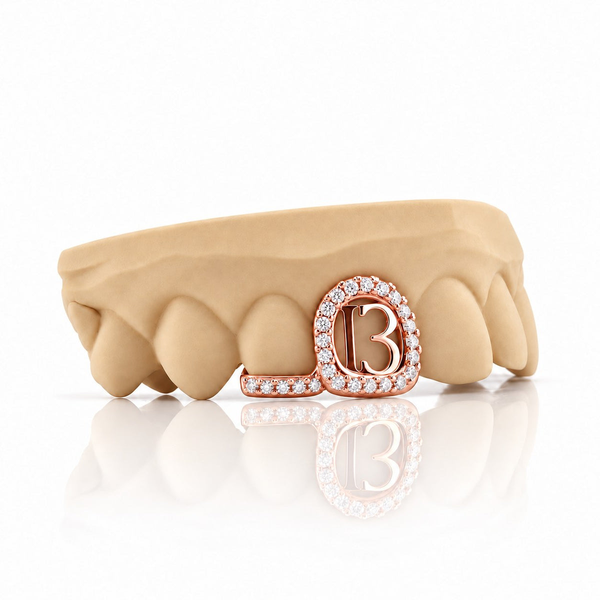 Custom 2pc top grillz with pave open face, number 13 and pave bar, rose gold plated 925 silver - angle 2