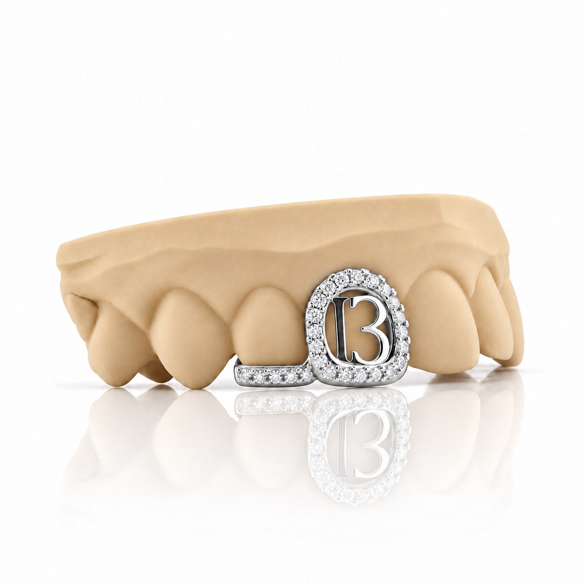 Custom 2pc top grillz with pave open face, number 13 and pave bar, white 925 sterling silver - angle 2