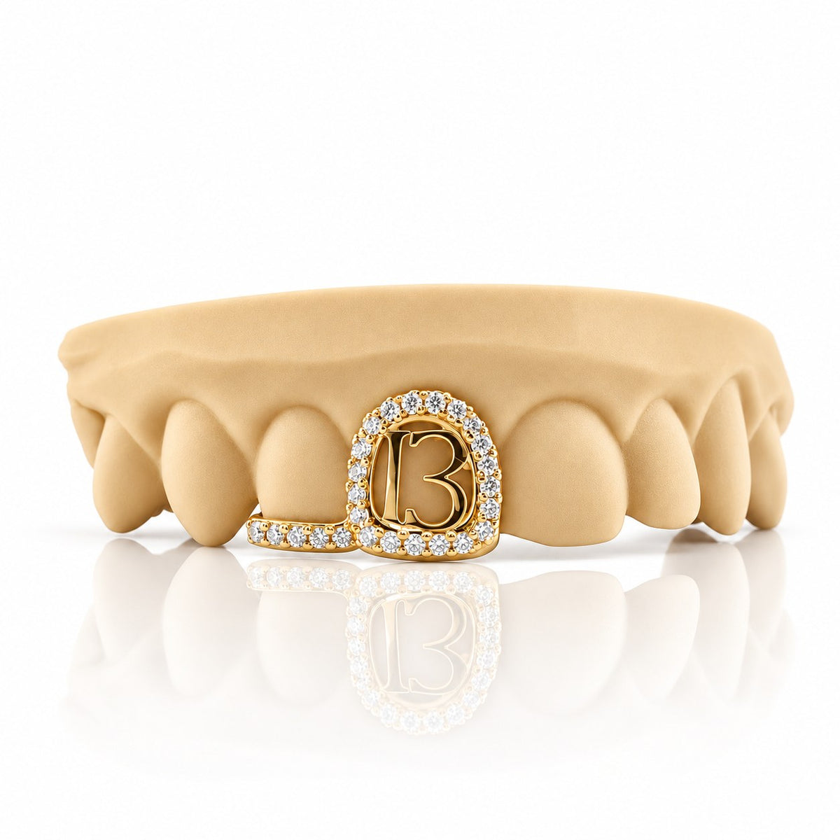 Custom 2pc top grillz with pave open face, number 13 and pave bar, yellow gold plated 925 silver - angle 3
