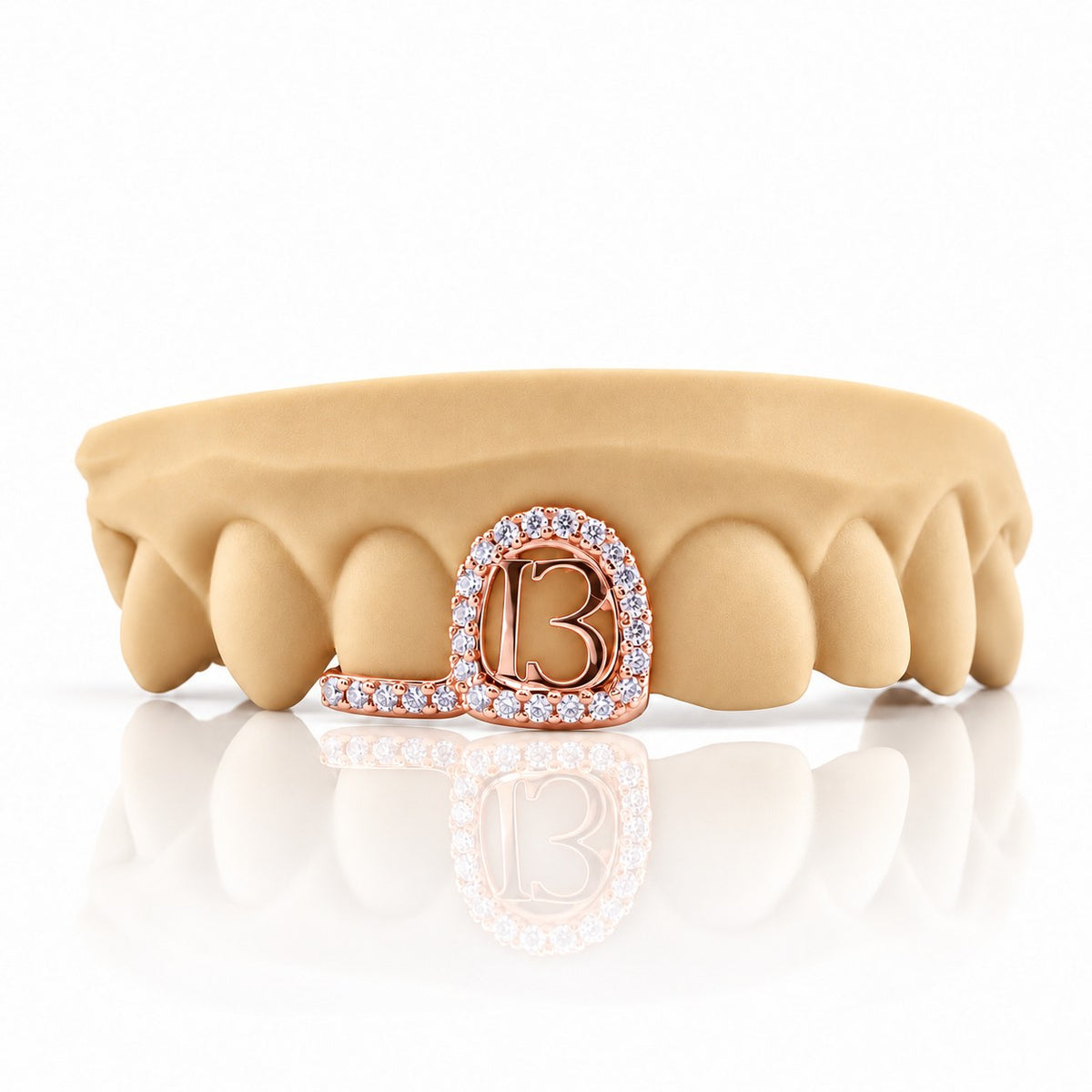 Custom 2pc top grillz with pave open face, number 13 and pave bar, rose gold plated 925 silver - angle 3