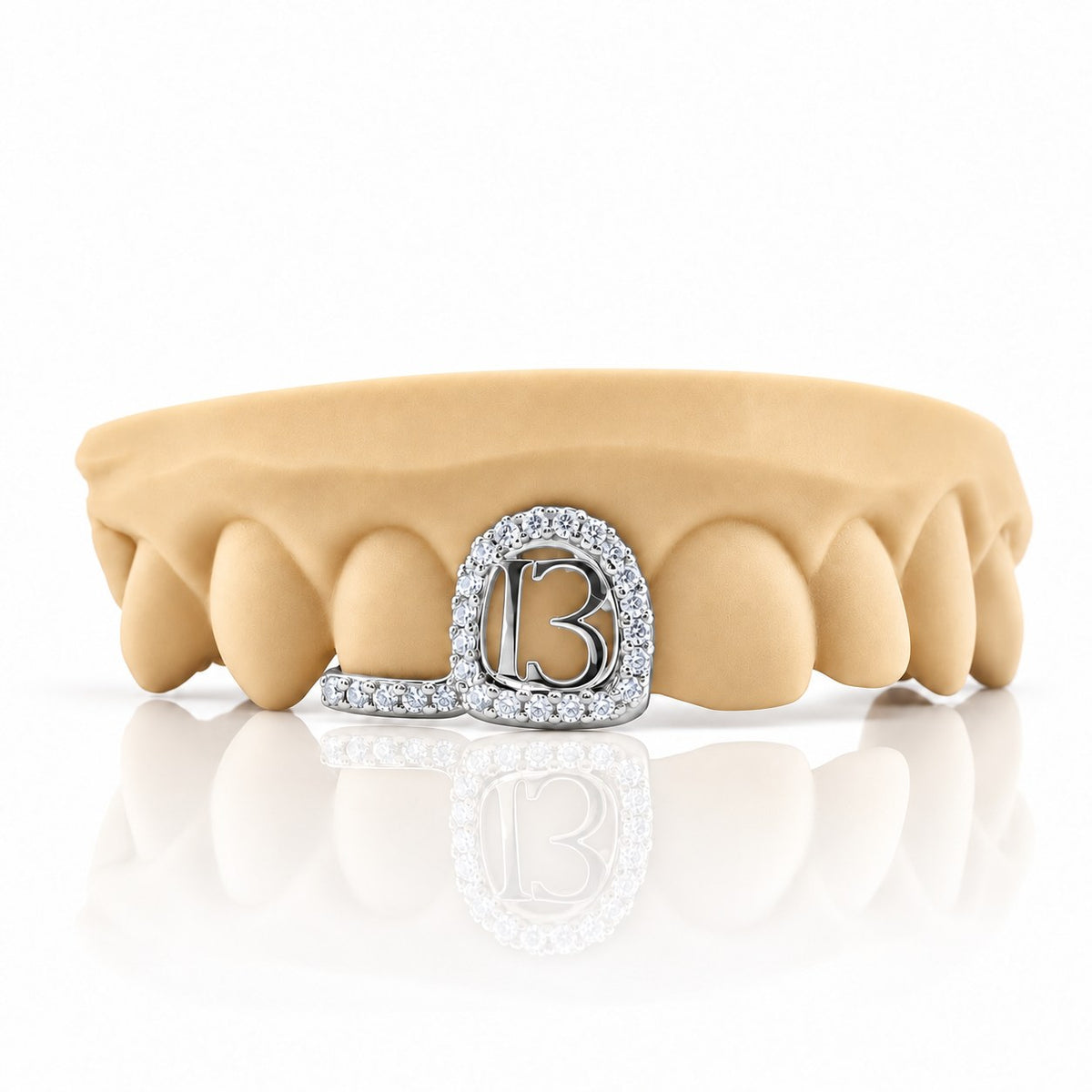 Custom 2pc top grillz with pave open face, number 13 and pave bar, white 925 sterling silver - angle 3