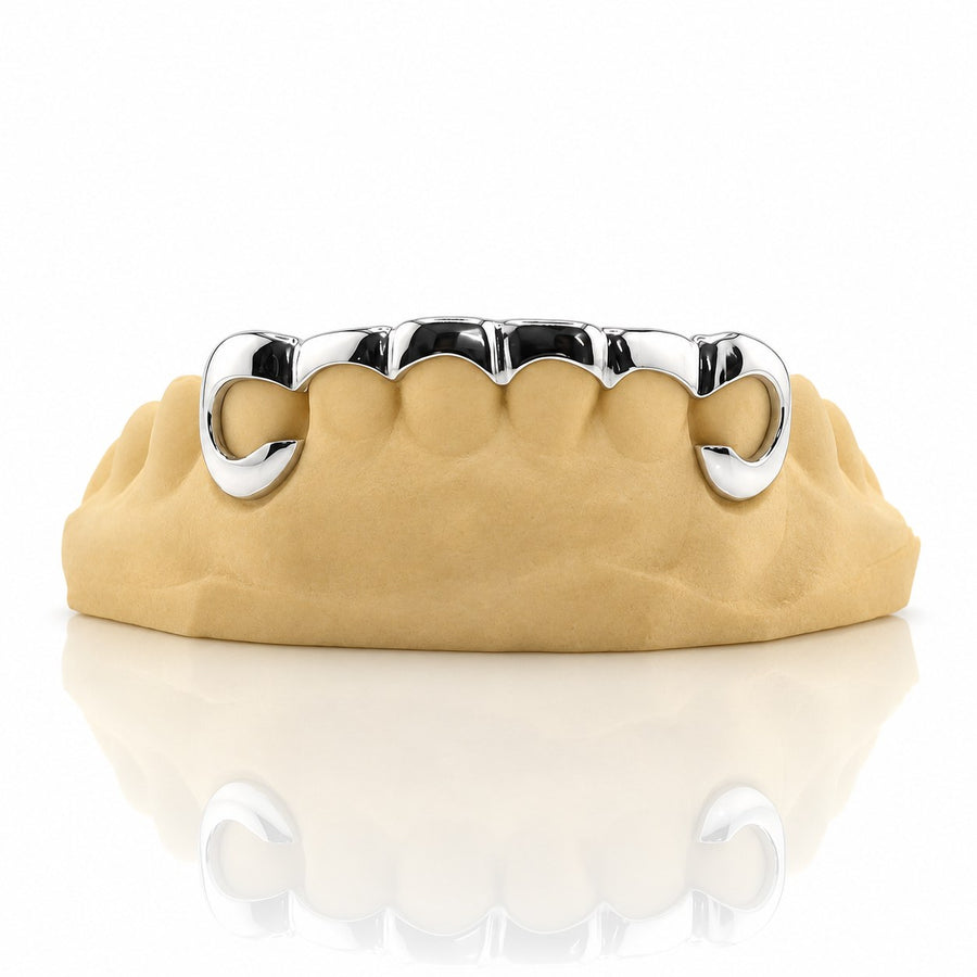 Custom 6pc curved front bar grillz with open face ends, white 925 sterling silver - angle 3