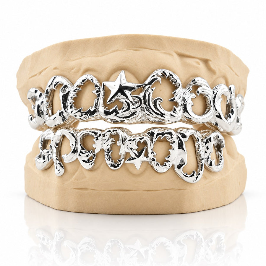 Custom 8pcs Intricate Baroque Royal Design Grillz: 925 Sterling Silver (Free Mold Kit)