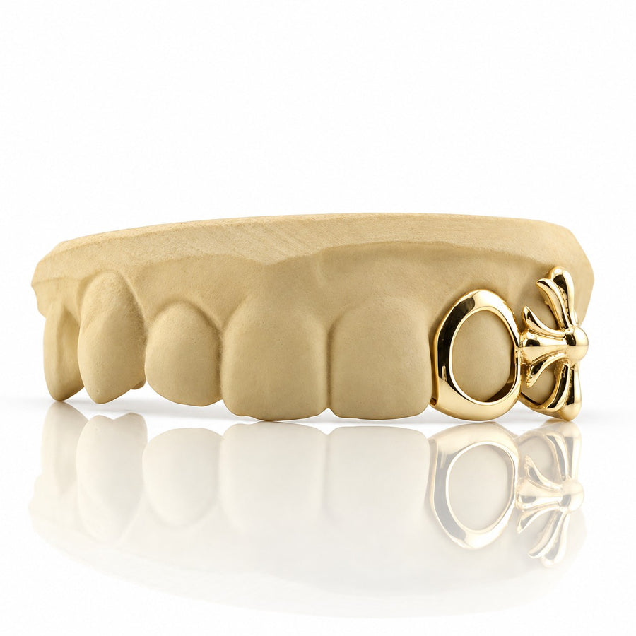 Custom 2pc Open Face & Floral Cross grillz, yellow gold plated 925 silver - angle 1