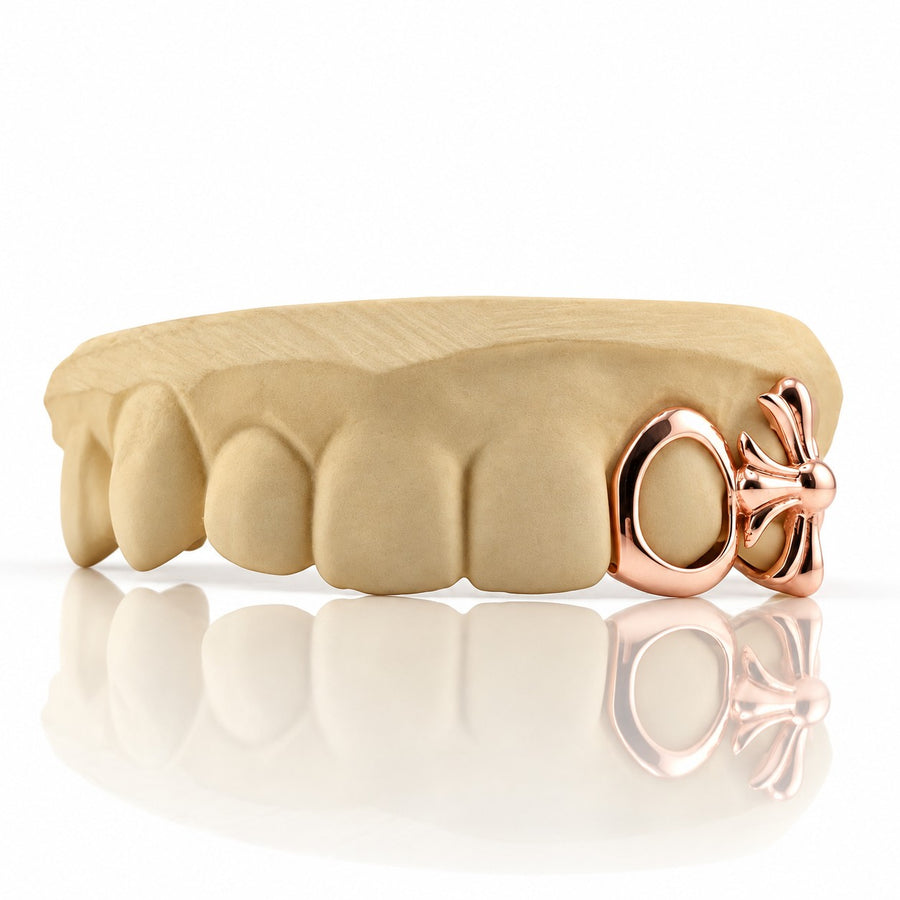 Custom 2pc Open Face & Floral Cross grillz, rose gold plated 925 silver - angle 1