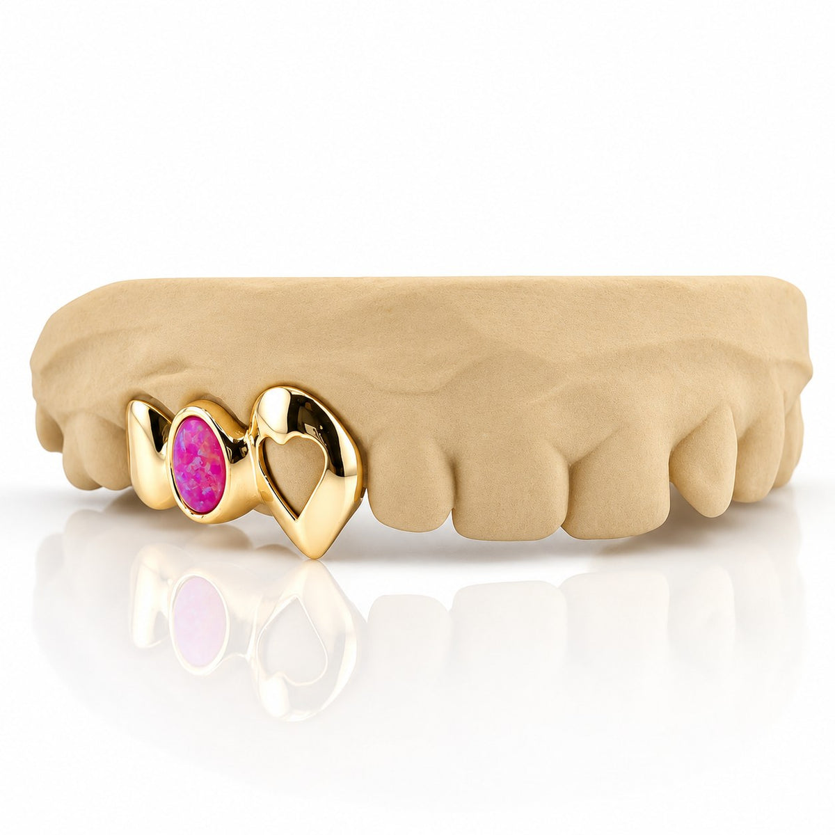 Custom 3pc top grillz with solid cap, pink opal and open heart fang, yellow gold plated 925 silver - angle 1
