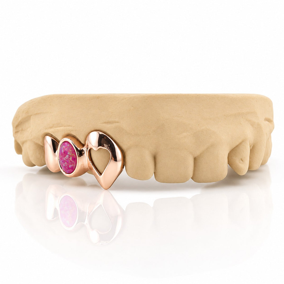 Custom 3pc top grillz with solid cap, pink opal and open heart fang, rose gold plated 925 silver - angle 1