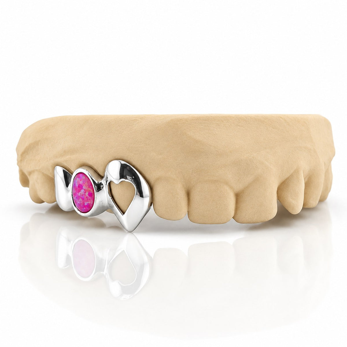 Custom 3pc top grillz with solid cap, pink opal and open heart fang, white 925 sterling silver - angle 1