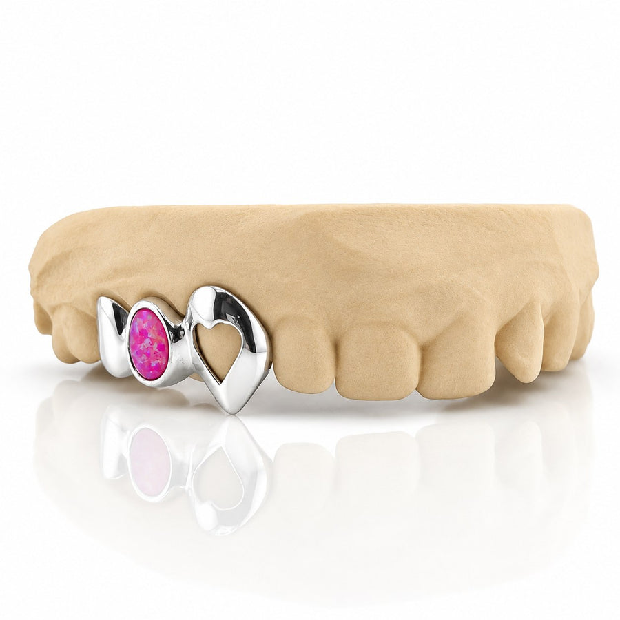 Custom 3pc top grillz with solid cap, pink opal and open heart fang, white 925 sterling silver - angle 1