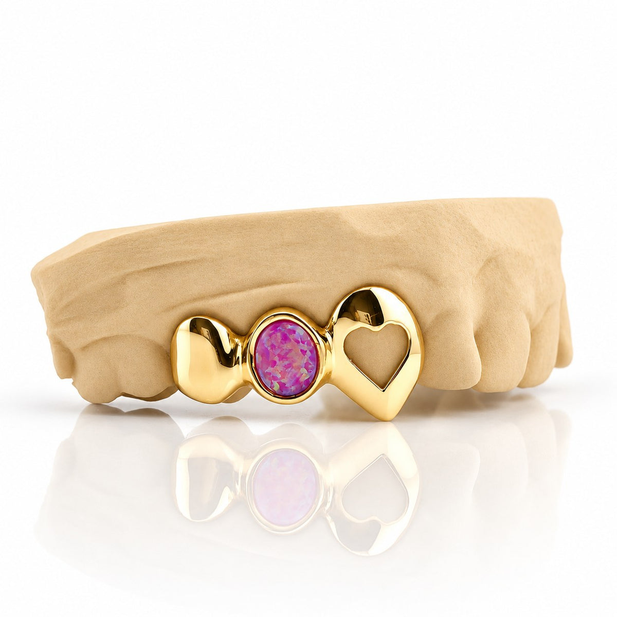 Custom 3pc top grillz with solid cap, pink opal and open heart fang, yellow gold plated 925 silver - angle 2