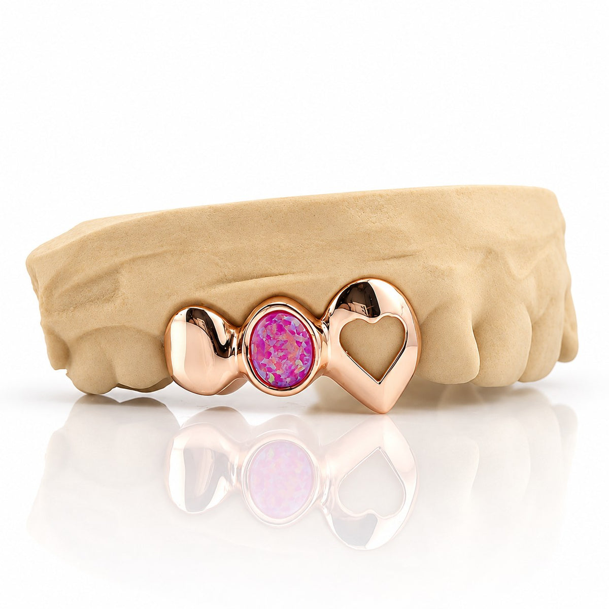 Custom 3pc top grillz with solid cap, pink opal and open heart fang, rose gold plated 925 silver - angle 2
