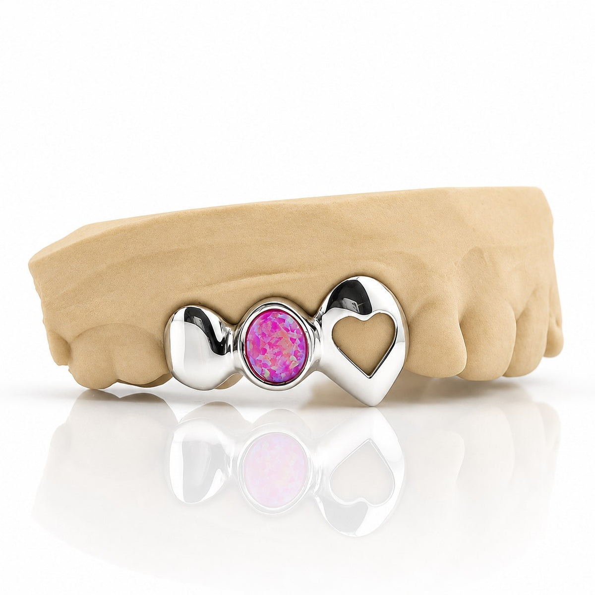 Custom 3pc top grillz with solid cap, pink opal and open heart fang, white 925 sterling silver - angle 2