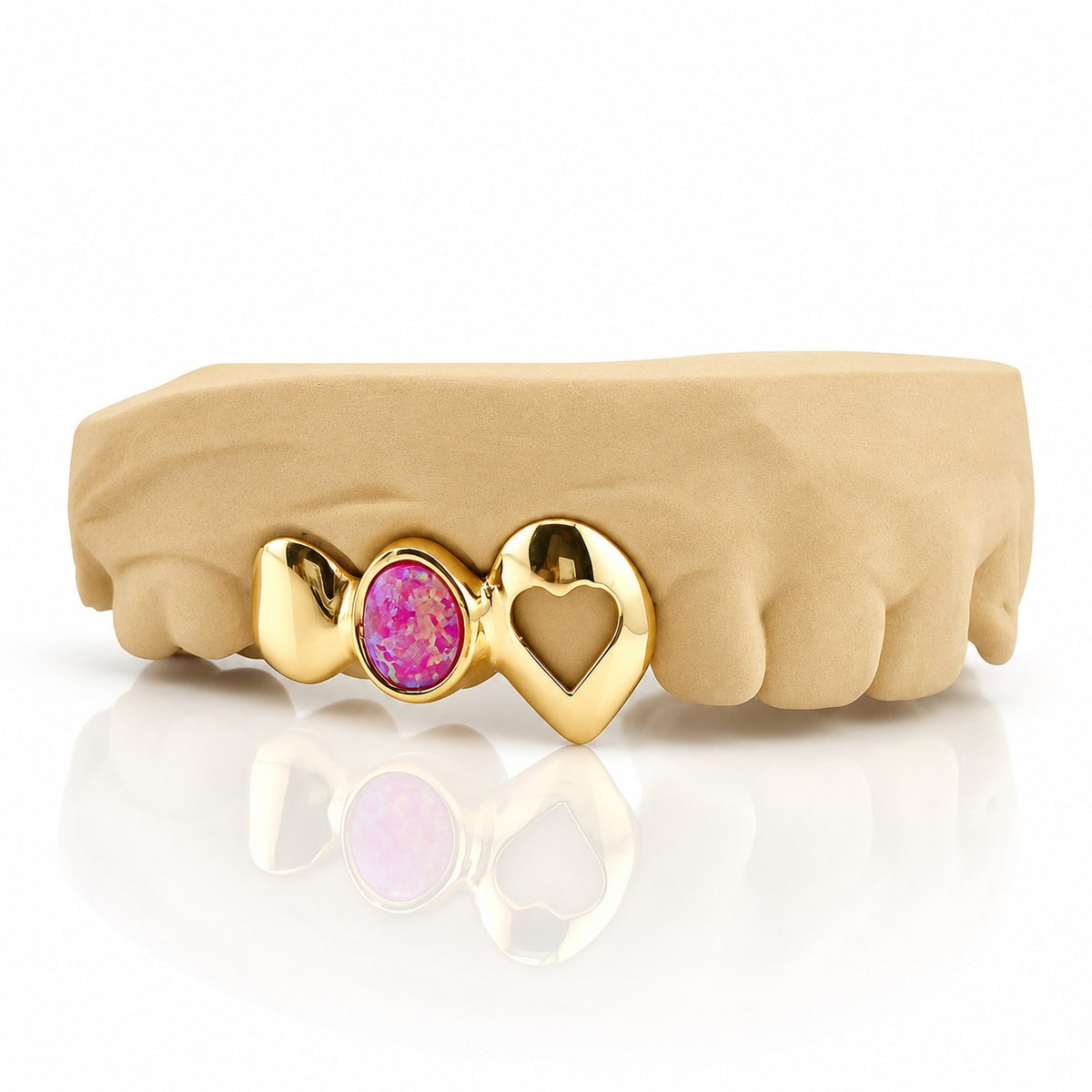 Custom 3pc top grillz with solid cap, pink opal and open heart fang, yellow gold plated 925 silver - angle 3