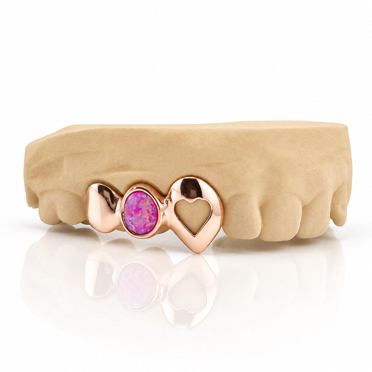 Custom 3pc top grillz with solid cap, pink opal and open heart fang, rose gold plated 925 silver - angle 3