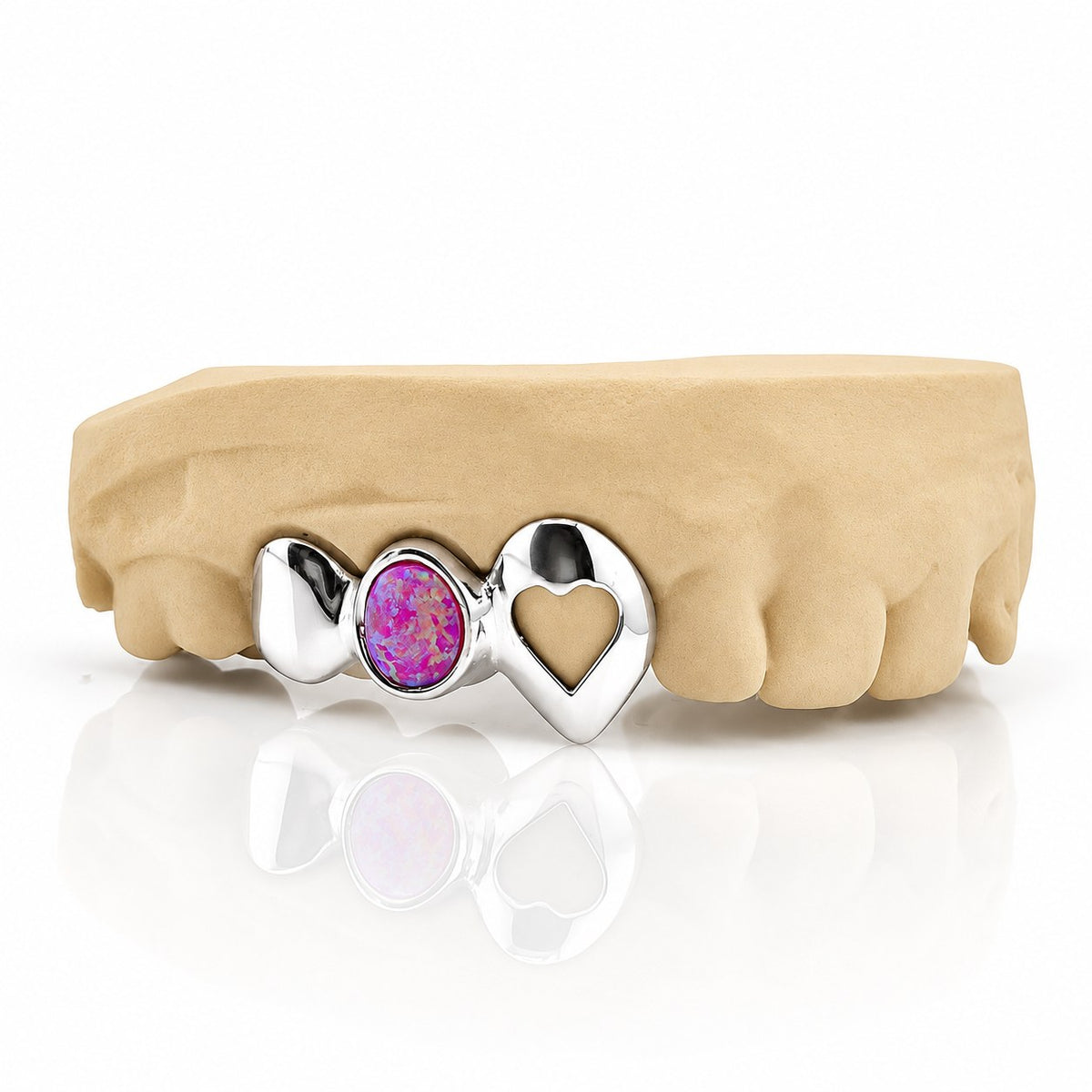 Custom 3pc top grillz with solid cap, pink opal and open heart fang, white 925 sterling silver - angle 3